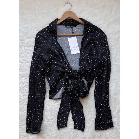 NWT Zara Blogger’s Favorite Satin Effect Polka Dot Open Front Collared Blouse - Picture 13 of 16